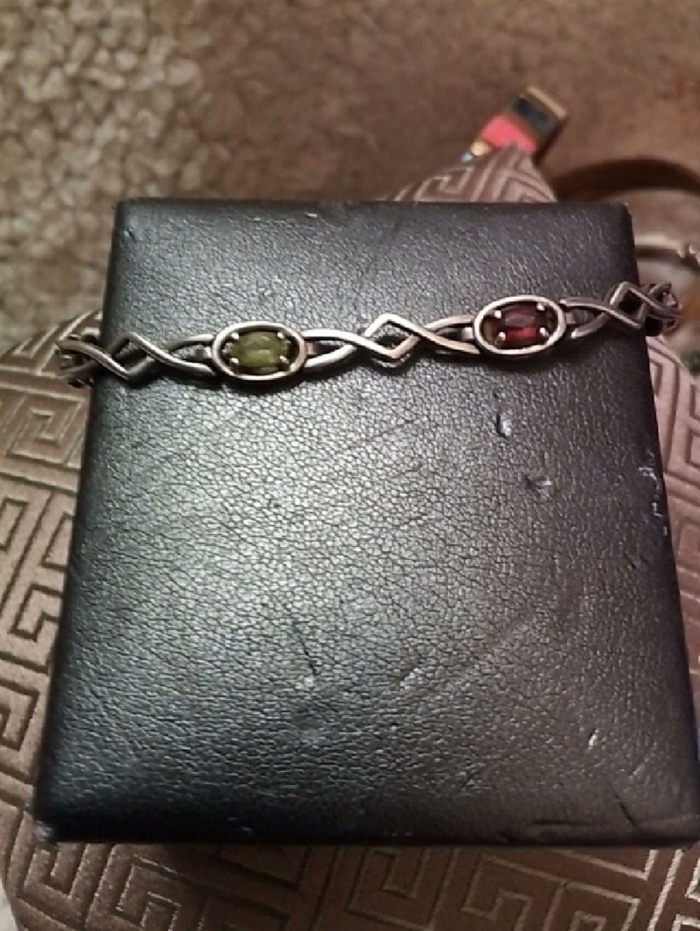 Sterling Silver Multi-Stone Link Bracelet with Olive and Garnet Stones